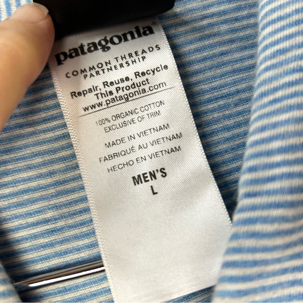 Patagonia Blue Striped Polo Shirt Short‎ Sleeve Casual Men's Large - Picture 5 of 15